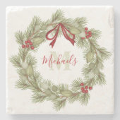 クリスマスボタニカルリースレッドホリーモノグラム ストーンコースター (正面)