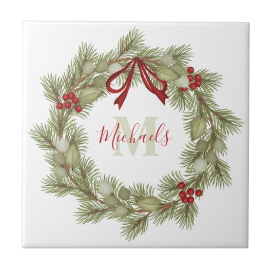 クリスマスボタニカルリースレッドホリーモノグラム タイル (正面)