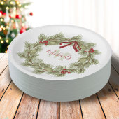クリスマスボタニカルリースレッドホリーモノグラム ペーパープレート