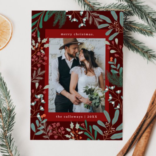 クリスマスボタニカルレッドフォトホリデーカード シーズンカード