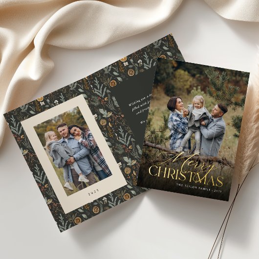 クリスマスボタニカル垂直写真折り畳み金ゴールド 箔シーズンカード