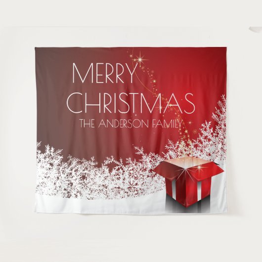 クリスマスボックスの驚きの雪の降る赤い白いバナー タペストリー (正面(横))