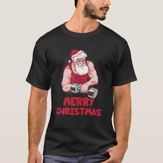クリスマスボディビルダージムトレーニングウェイトサンタウェイ Tシャツ (正面)