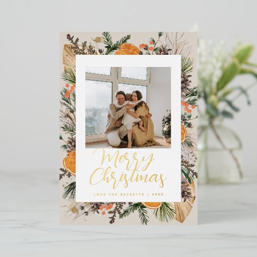 クリスマスボホ乾植物家族写真 箔シーズンカード (立ち正面)