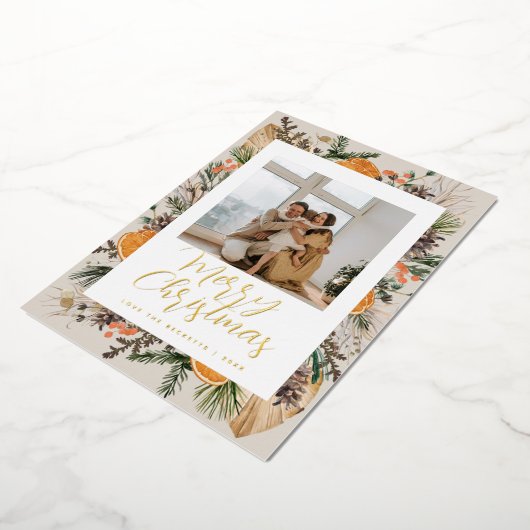 クリスマスボホ乾植物家族写真 箔シーズンカード (回転した状態)