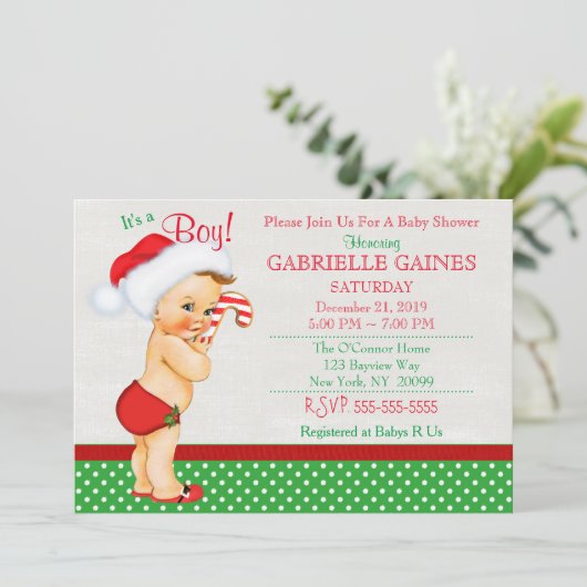 クリスマスボーイベビーシャワー招待状パーソナライズされた 招待状 (スタンド正面)