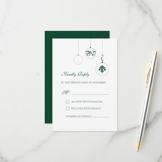 クリスマスボーブルオーナメントウィンターグリーン結婚ズ 出欠カード (正面/裏面インサイチュ)