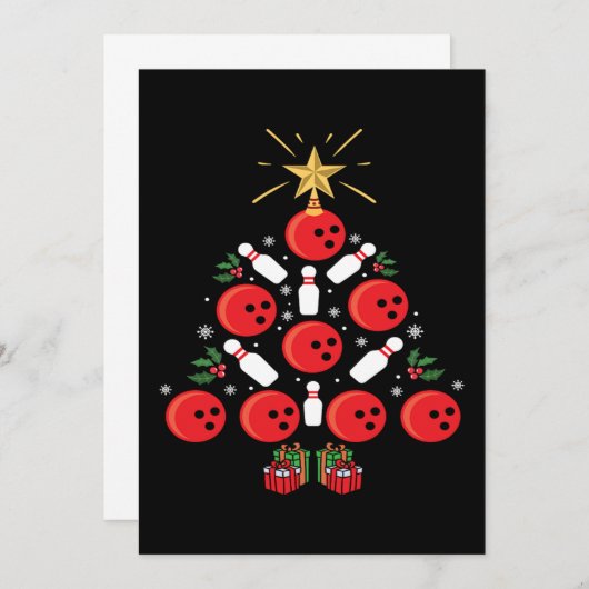 クリスマスボーリングおもしろいクリスマスツリーホリデーボウリングをする人、 クリケットの投手 招待状 (正面/裏面)