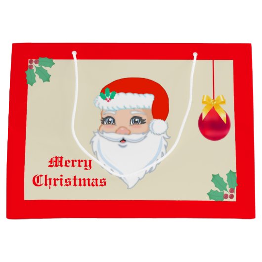 クリスマスボールとサンタクロース ラージペーパーバッグ (正面)