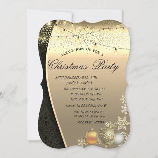 クリスマスボールとライトのダマスク柄クリスマスパーティー 招待状 (正面)