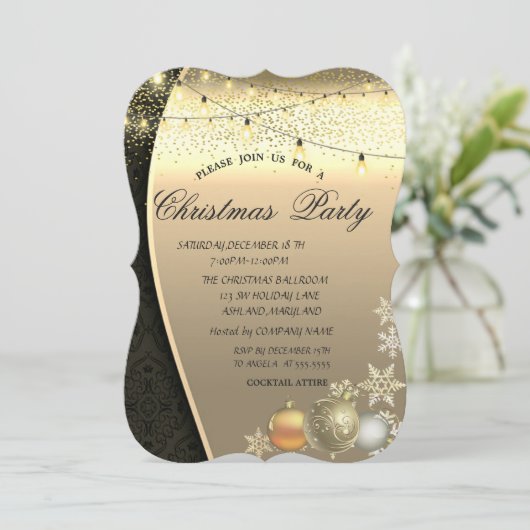 クリスマスボールとライトのダマスク柄クリスマスパーティー 招待状 (スタンド正面)