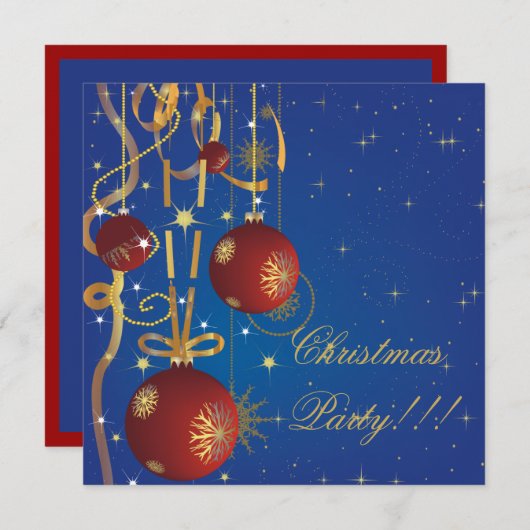 クリスマスボールとリボンブルーパーティの招待状 招待状 (正面/裏面)