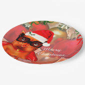 クリスマスボールの背景にクリスマスのブルドッグ ペーパープレート (アングル)