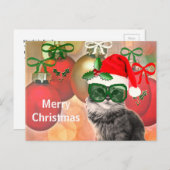 クリスマスボールの背景のクリスマスキャット シーズンポストカード (正面/裏面)