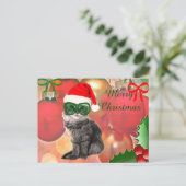 クリスマスボールの背景のクリスマスキャット シーズンポストカード (スタンド正面)