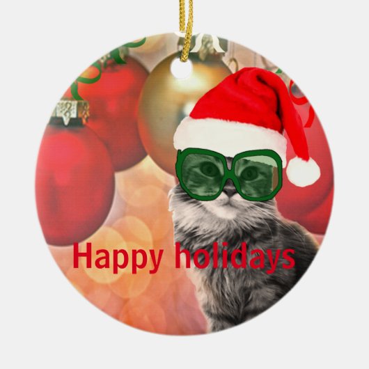 クリスマスボールの背景のクリスマスキャット セラミックオーナメント (正面)