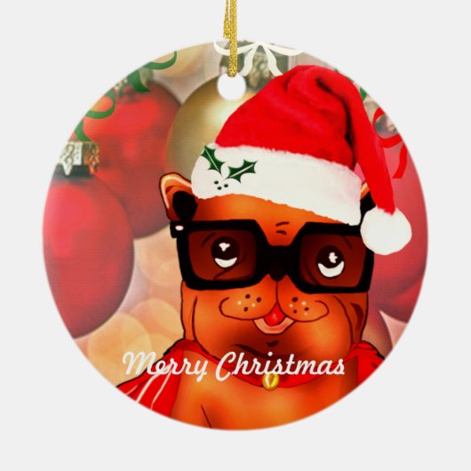 クリスマスボールの背景のクリスマスブルドッグ セラミックオーナメント (裏面)