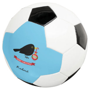 クリスマスボールを持ったかわいいブラックバード名前をカスタムする サッカーボール