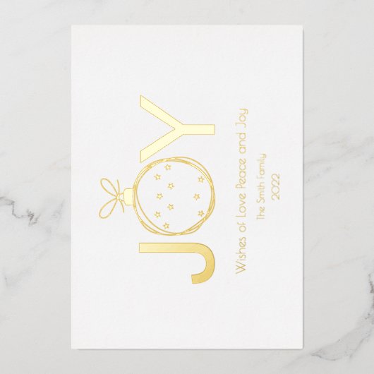 クリスマスボールを様式化した金ゴールドで喜びの願い 箔シーズンカード (正面)