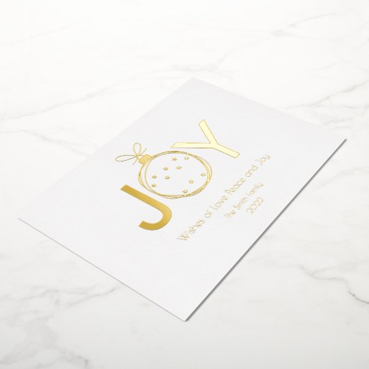 クリスマスボールを様式化した金ゴールドで喜びの願い 箔シーズンカード (回転した状態)