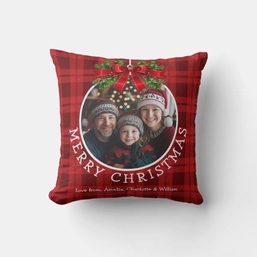 クリスマスボールオーナメントフォトレッドバッファロープレイド クッション (正面)