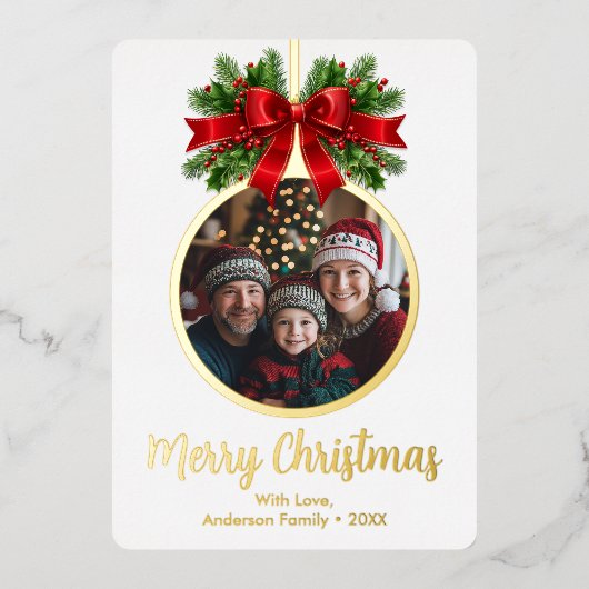 クリスマスボールオーナメントホリーベリーフォトプレイド 箔シーズンカード (正面)