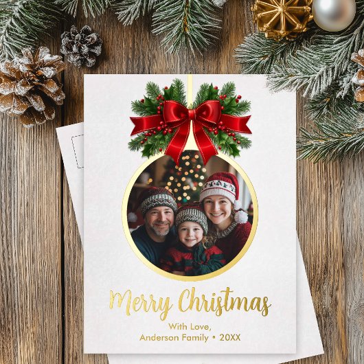 クリスマスボールオーナメントホリーベリーフォトホワイト 箔シーズンポストカード