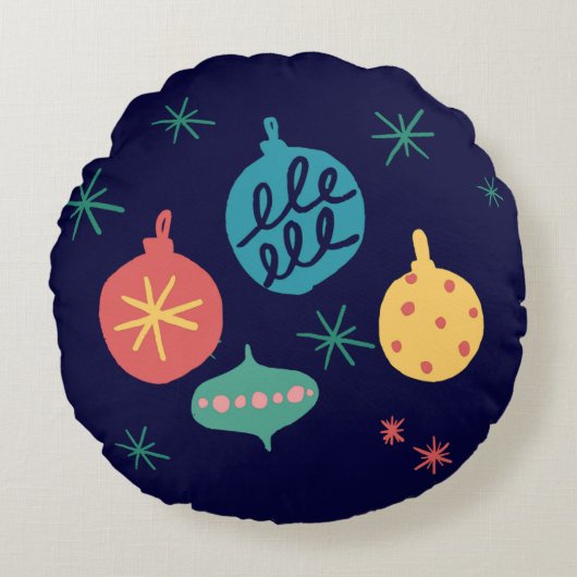 クリスマスボールグリーンイエローヴィンテージ装飾用クッション ラウンドクッション (正面)