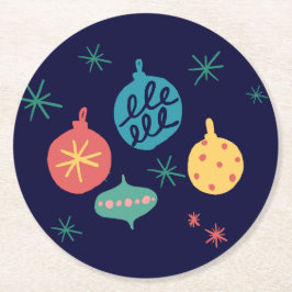 クリスマスボールグリーンイエローヴィンテージ ラウンドペーパーコースター