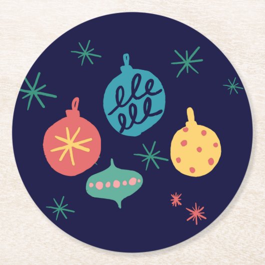 クリスマスボールグリーンイエローヴィンテージ ラウンドペーパーコースター (正面)