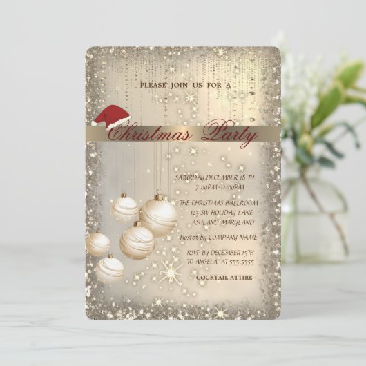 クリスマスボールサンタハット輝くクリスマスパーティー 招待状 (スタンド正面)