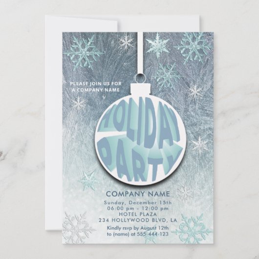 クリスマスボールスノーフレークタイポグラフィホリデーパーティー 招待状 (正面)