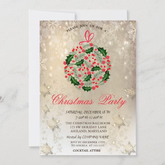 クリスマスボールスノーフレーク会社クリスマスパーティー 招待状 (正面)