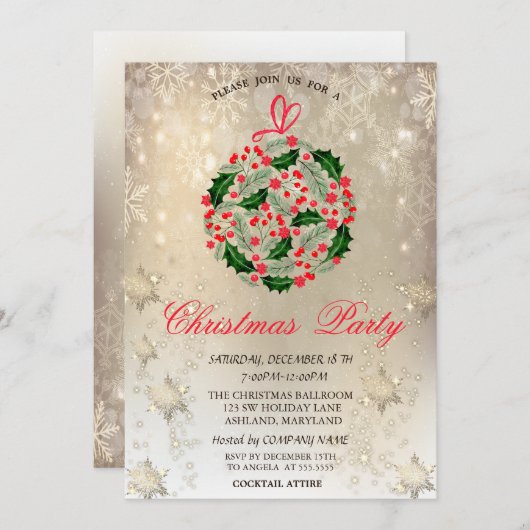 クリスマスボールスノーフレーク会社クリスマスパーティー 招待状 (正面/裏面)