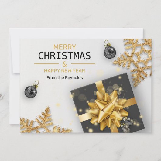 クリスマスボールブラックギフトボックス金ゴールド雪片 シーズンカード (正面)