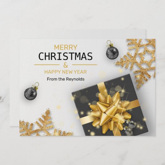 クリスマスボールブラックギフトボックス金ゴールド雪片 シーズンカード (正面/裏面)