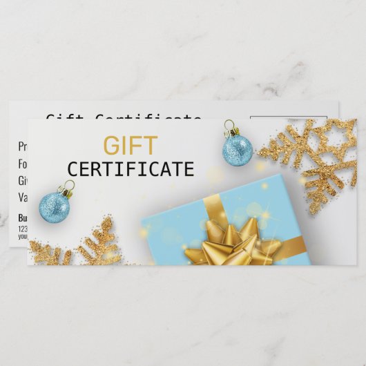 クリスマスボールブルーギフト金ゴールド雪片ギフトカード (正面/裏面)