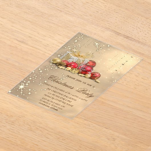 クリスマスボールプレゼント金ゴールドクリスマスパーティー アクリル招待状 (レイダウン)