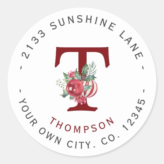 クリスマスボールホリデーズモノグラム差出人住所 ラウンドシール (正面)