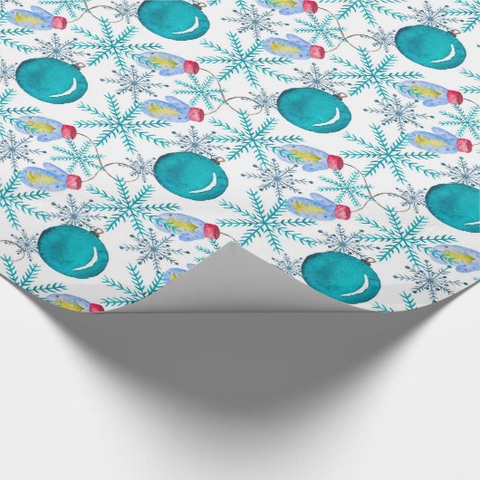 クリスマスボールミトンと雪片の水彩 ラッピングペーパー (角)
