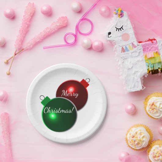 クリスマスボール光沢のある赤と緑（あいさつ付き） ペーパープレート (パーティー)