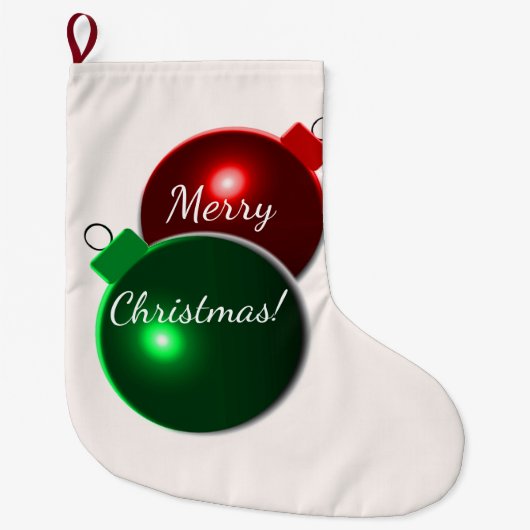 クリスマスボール光沢のある赤と緑（あいさつ付き） ラージクリスマスストッキング (正面)