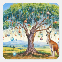クリスマスボール飾りのユーカリの木の下のカンガルー