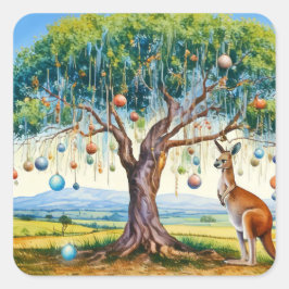 クリスマスボール飾りのユーカリの木の下のカンガルー スクエアシール