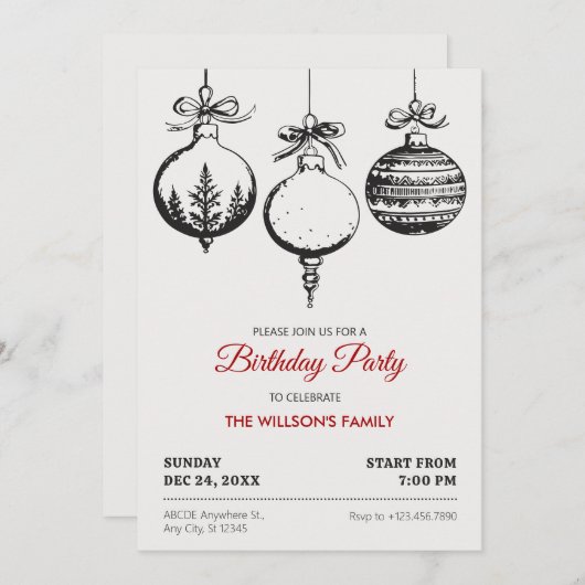 クリスマスボール飾り誕生日 招待状 (正面/裏面)
