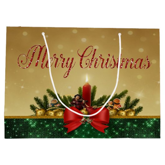 クリスマスボール、キャンドル、メリークリスマス ラージペーパーバッグ (裏面)