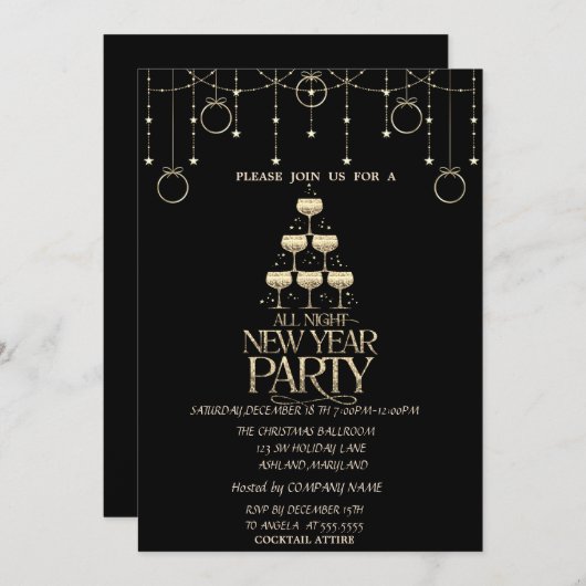 クリスマスボール、シャンパングラス会社クリスマス 招待状 (正面/裏面)