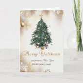 クリスマスボール、ツリー、プレゼント、雪片ホリデー シーズンカード (正面)