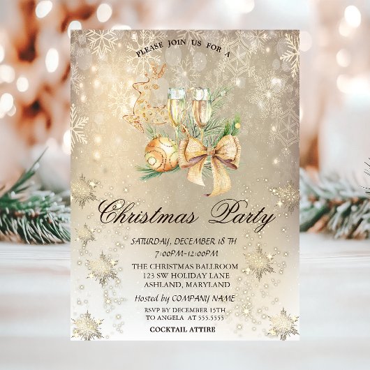 クリスマスボール、トナカイ、ワイングラスのスノーフレークパーティー 招待状