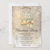 クリスマスボール、トナカイ、ワイングラスのスノーフレークパーティー 招待状 (正面)